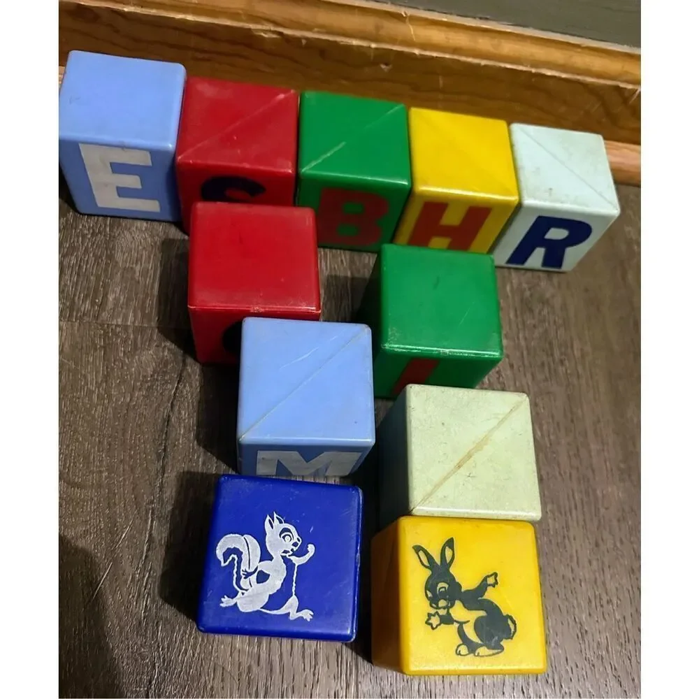 Vintage Plastic Rattle Blocks Multi Colored 2.5” Lot 11 Animals Letters Crafts